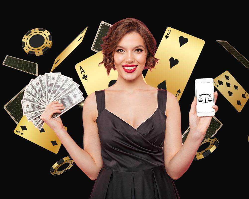 woman holding up cash and a mobile phone app in front of golden cards