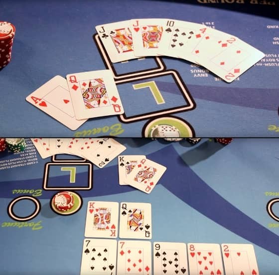 On the top picture the dealer spreads the cards far enough apart that the cameras can see them. On the second picture, it shows an example of a copy hand.