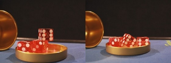 Dice are either on top of each other or cocked sideways