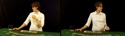 Two pictures of the dealer holding the deck too high or too low